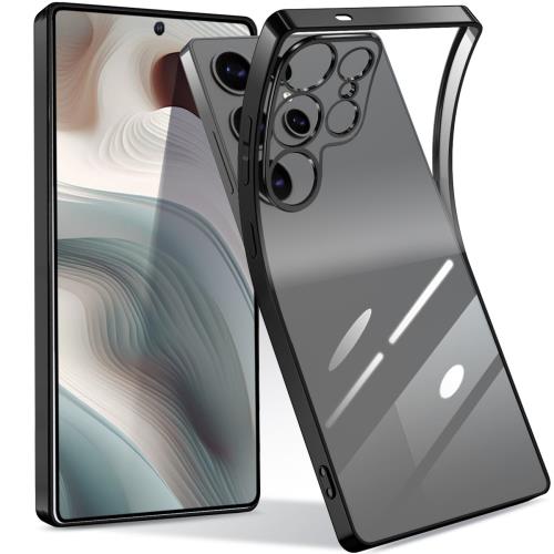 Galaxy S25 Ultra ケース クリア ギャラクシーs25 Ultra SC-52F カバー 透明 スマホケース 耐衝撃 米軍MIL規格 TPU 軽量 薄型 ストラップホール付き メッキ加工 ソフト おしゃれ 携帯ケース （ブラック）