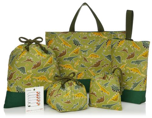 KIYOHARA 男の子 レッスンバッグ 上履き入れ 体操着袋 お弁当袋 コップ袋 名前シール 恐竜 時代 グリーン MOW146-S5