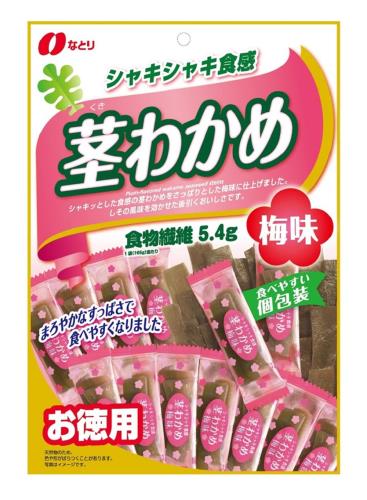 なとり お徳用茎わかめ梅味 105g×5袋エネルギー107kcal 脂質0.7g 炭水化物26.3g(糖質 20.9g 食物繊維 5.4g) ※1袋当たり