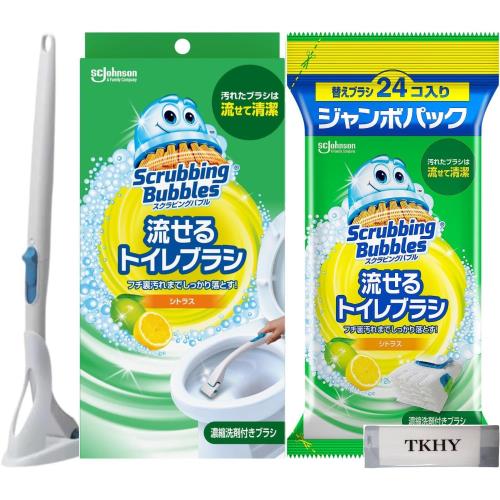 まとめ買いスクラビングバブル 流せるトイレブラシ 本体(シトラスの香り4個) + 付替用24個 トイレ洗剤 ..