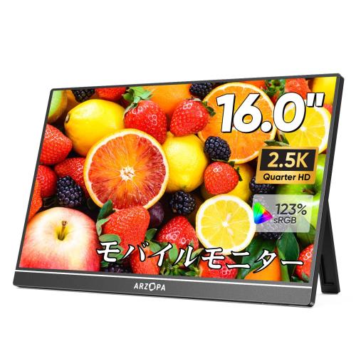 ARZOPA 16インチ 2.5K モバイルモニター 2560x1600 QHD 非光沢IPS液晶パネル ディスプレイ 123% sRGB 広色域 モニター 持ち運び 薄型 軽量USB C/mini HDMI/スピーカー内蔵 スマホ/PC/Mac/ゲーム機 ゲーミングモニター (Z1RC)