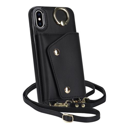 アイフォンXSケース 手帳型 PU革 カード収納 小銭入れ iphoneXS 手帳型ケース スマホカバー アイフォンXケース手帳型 長ストラップ リング付き iphone Xケース手帳型 肩がけ 首掛け 斜め掛け-ブラック