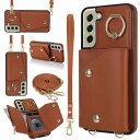 サムスンGalaxy S21 FEケース 手帳型 PU革 カード収納 小銭入れ スマホカバー ギャラクシー S21 FE 手帳型ケース 長ストラップ リング付き Galaxy S21 FE 携帯カバー 肩がけ 首掛け 斜め掛け-ダークブラウン(2)