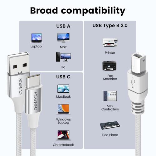 MOSWAG 2 in 1 USBプリンタケーブル32.8 FT/10 M USB CからMIDIケーブルプリンタケーブル、USB MIDIケーブルUSB CからUSB B MIDIケーブル、ケーブル、互換楽器、ピアノ、サイレンキーボード、USBマイク…
