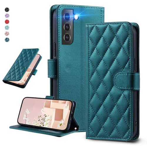 UnivoColors Galaxy S21 Plus 5G（SC-02B/SCG10）キルティングレザー調 手帳型ケース エレガント 高質PU マグネット開閉式 カード収納機能 スタンド機能 液晶全面保護 レンズ保護 ストラップ付属(グリーン)