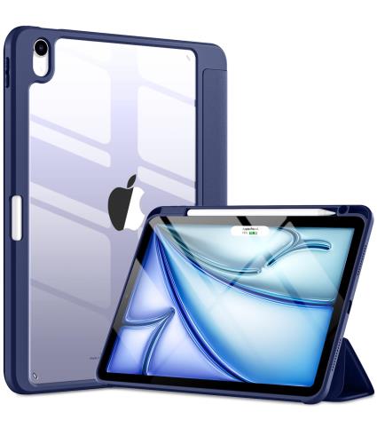 Maledan 対応iPad Air 11インチ ケース(M3/2025)- iPad用 air ケース 2024/M2 Pencil収納可能 DIY透明カバー 薄型 衝撃吸収 ワイヤレス充電対応 三つ折スタンド ネイビー