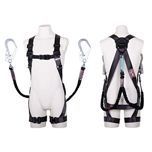 藤井電工(Fujii Denko) 新規格 フルハーネス型 ブラック 黒影ハーネス ノビロン 伸縮ロープ式 ダークグレー Lサイズ 水平型腿ベルト ツインランヤード 2丁掛けランヤード 着脱が容易なワンタッチバックル 日本製 高所作業 墜落制止用器具 フルハーネス 安全帯 ツヨロン TSUYO