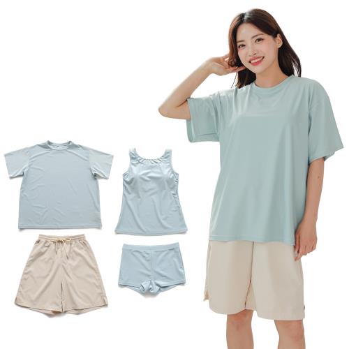 [JOMA E-Shop] タンキニ 水着 レディース 体型カバー 半袖シャツ ラッシュガード ハーフパンツ 4点セット ビキニ セパレート オーバーサイズ 露出控えめ 普段着 女の子 かわいい (L, 水色)