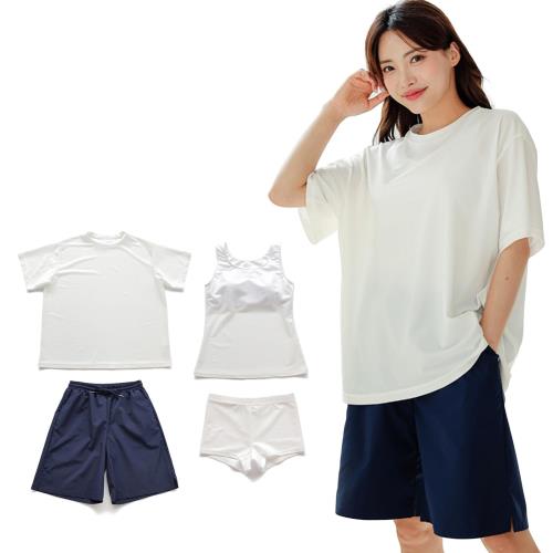 [JOMA E-Shop] タンキニ 水着 レディース 体型カバー 半袖シャツ ラッシュガード ハーフパンツ 4点セット ビキニ セパレート オーバーサイズ 露出控えめ 普段着 女の子 かわいい (XL, ホワイト)