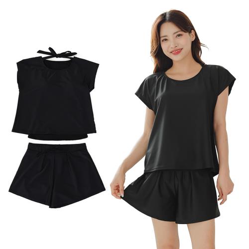 [JOMA-E Shop] タンキニ 水着 レディース 体型カバー 半袖シャツ ラッシュガード ハーフパンツ 2点セット ビキニ セパレート オーバーサイズ 露出控えめ 普段着 女の子 かわいい (JP, アルファベット, M, 標準, ブラック)