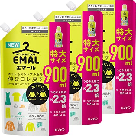 まとめ買い エマール EMAL 洗濯洗剤 液体 リフレッシュグリーンの香り 詰め替え900ml 3個