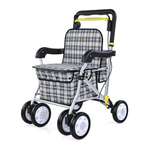 Care-Parents シルバーカー 手押し車 杖ホルダー 軽量 折りたたみ 買い物カート 高齢者 歩行補助車 4段階高さ調節 大容量バッグ ブレーキロック付き おしゃれ 座れる 押し車 (CP-01E)