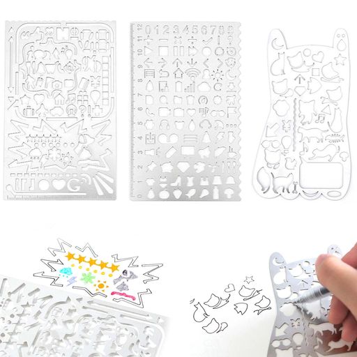 PAVIKEテンプレート定規金属多機能定規3枚製図定規セット描画テンプレートDIY描画手帳用図面テンプレート学生や子供おもしろ文房具