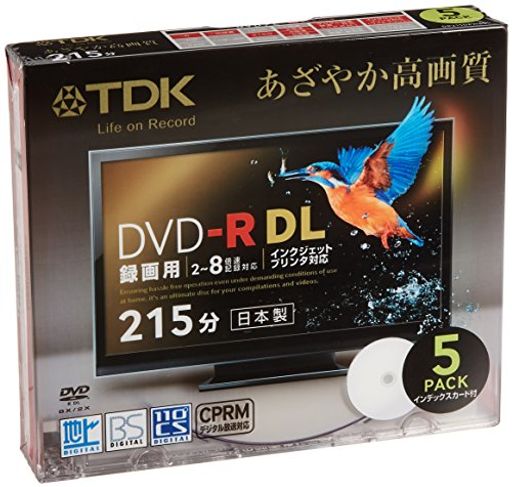 TDK録画用DVD-RDL(215分)デジタル放送録画対応(CPRM)ホワイトワイドプリンタブル2-8倍速日本製5mmスリ..