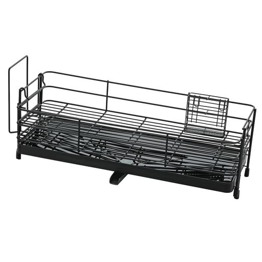 製品サイズ:(約)幅22.5~35x奥行57x高さ18cm、耐荷重(約):各水切りカゴ5kg 製品重量:(約)1.81kg 材料の種類:本体・水切りポケット・まな板受け/鉄(エポキシ樹脂塗装)、トレー・ノズル/ポリプロピレン(耐熱温度100度)、保護キャップ・排水栓/シリコーンゴム(耐熱温度150度) 生産国:中国
