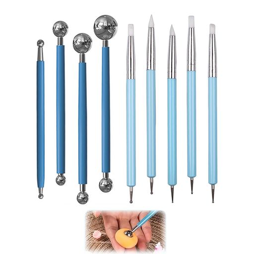 【粘土 道具9点セット】丸棒、ドットツール、シリコンペンを組み合わせた陶芸 道具セットです。粘土細工、造形、クラフト、ハンドメイド作品作りに使えます。 【丸棒で凹みや曲面作り】サイズの異なる金属ボール付き丸棒で、粘土の凹み、丸み、目や口まわりの成形に使えます。粘土 型の細部調整にも便利です。 【シリコンペンで細部を整える】先端形状の異なるシリコンペンは、色のぼかし、線の調整、表面のならし、細かな模様付けに使いやすい仕様です。 【粘土 ヘラとして多用途】スパチュラ 粘土作業、粘土の押し込み、彫刻、穴あけ、表情作りなど、細かいクラフト作業に対応できます。用途に応じて使い分けできます。 【幅広い素材に対応】紙粘土、樹脂粘土、オーブン粘土、陶芸粘土、ポリマークレイなどの制作に活用できます。ネイルアートや小物の細部作業にも使えます。