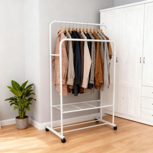 Wall Furniture - Susireハンガーラックおしゃれ頑丈洋服ラック大容量室内物干し2段パイプハンガー衣装ラック洋服掛けキャスター付き棚付きダブル収納付き白幅80