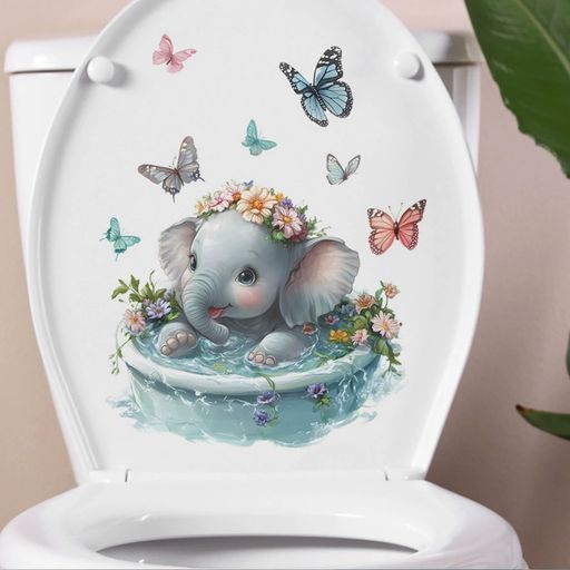 便器シールウォールステッカー動物可愛いトイレ用デコレーションステッカー象と蝶のデザインかわいい花..