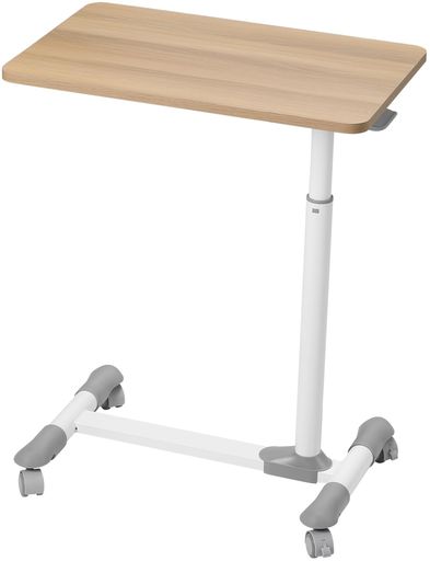 【製品仕様】 幅580mm x 奥行き390mm x 高さ625-770mm 素材:メラミン化粧板、合金鋼 重量:約9kg 全体耐荷重:約10kg 天板先端:5kg(天板先端部に過負荷ものを置かないでください) ※耐荷重は測定値であり、保証値ではありません。 【自由な高さ調節】ガス圧式なので簡単レバーを引くだけ、625-770mm無階段調節できる。食事をしたり本を読んだり又は、パソコンをしたり、いろいろ活躍できるベッド専用のサイドテーブルです。 【360°回転キャスター】ベッドやソファのした、約7cmの隙間があれば差し込むことができる、360°回転できるキャスターを採用しました。移動も楽で、使いたい場所へ、サッと移動できるのも嬉しいポイント! 【天板デザイン】 お部屋の雰囲気を壊さずメープルの天板。 【弁護でも、オフィスでも】 ライフスタイルに合わせて使い方広がる!暮らしを便利に万能昇降デーブル!