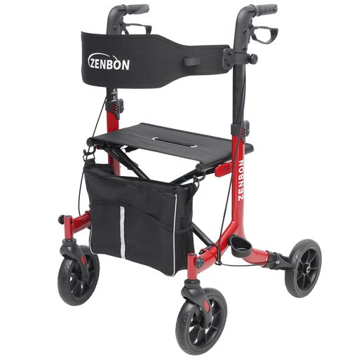 ZENBON 歩行器 高齢者用 シルバーカー 軽量アルミ製 室内 屋外 座れる 耐荷重150kg 折り畳み式 高さ調節可 ブレーキロック機能付き 取り外せるバッグ付き 手押し車 老人 四輪歩行車 歩行補助