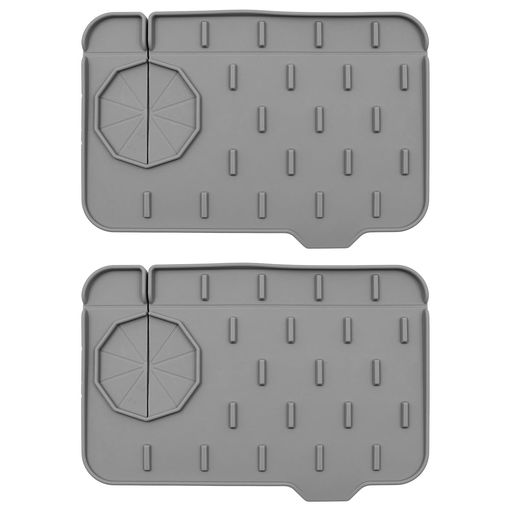 NUZAMASシリコンシンクマット2個セットミニシンクスプラッシュガードと石鹸スポンジホルダーグレーの蛇口ハンドルドリップキャッチャートレイ内蔵排水リップ付き