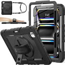 SEYMACstock2024年11インチiPadPro(M4)耐衝撃ケース保護フィルム付きペン収納360°回転スタンドハンドストラップショルダーストラップ全面保護カバーiPadPro112024専用型(ブラック)(2)