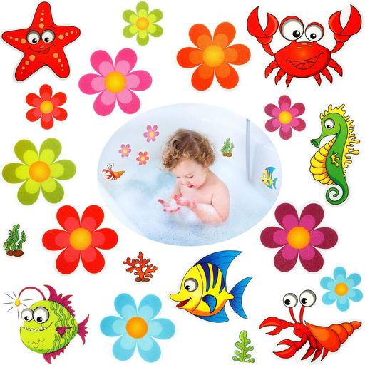 Flushbay19枚入りお風呂浴槽滑り止めシールテープバスタブ滑り止めシール防水ノンスリップ安全転倒防止介護用浴室用カラフル可愛い絵柄海洋生物フラワー