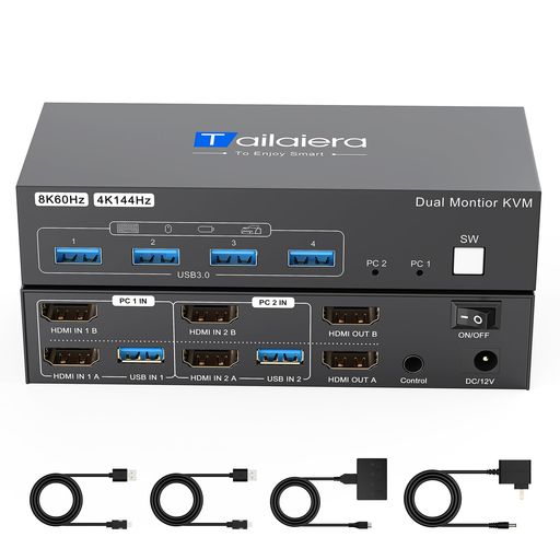 Switching Devices - 8KHDMIKVMスイッチ2入力2出力8K@60Hz4K@144HzKVM切替器パソコン2台モニター2台切り替え4つのUSB3.0ポートキーボード/マウス/プリンター/他のデバイス/対応パソコン切替機/PC切替機/USB切替器