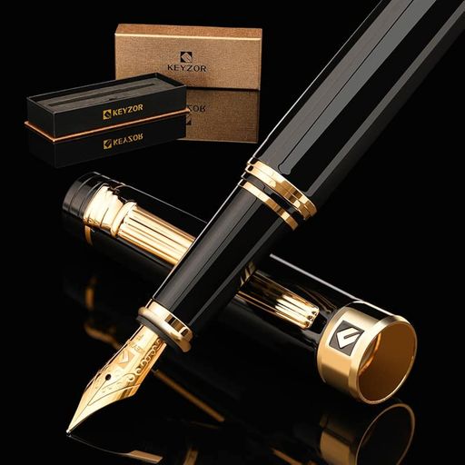 Fountain Pens - Keyzorプレミアム万年筆-高級プレゼントなブラックラッカーに24K金メッキの細字ペン先付き、両用式コンバーター付きのギフトセット男女共用