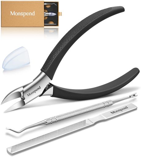 Monspend巻き爪用爪切りニッパー型高級ソフトグリップつめきりニッパー滑り止め変形爪/硬い爪/足の爪/厚い爪/陥入爪/水虫爪など様々な爪に適用手足両用高齢者ギフト収納ケース付き(ブラ…