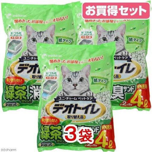 3個セットです。※メーカーが最新のパッケージに変更した場合、新しいパッケージで届く場合がございますのでご了承の上ご注文くださいませ。 商品名:[ユニチャム 1週間消臭・抗菌デオトイレ飛散らない緑茶成分入り・消臭サンド4L ] が 素材: 紙