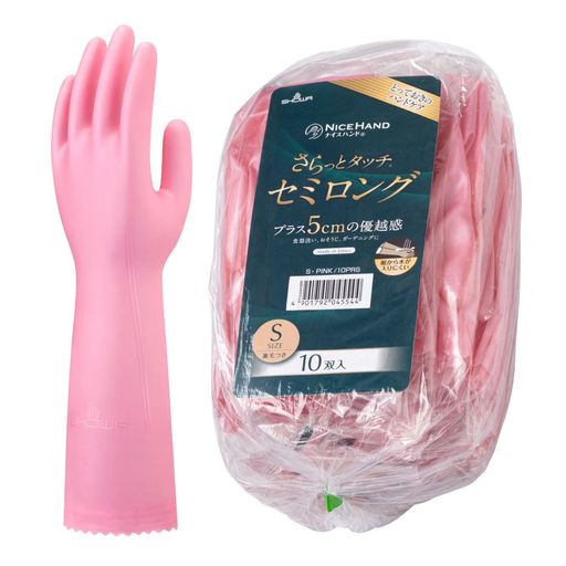 【さらっとした上質な肌触り】内面に施したオリジナルパイルの裏毛でやわらかな使用感のキッチングローブ。汚れや水から手を守ります。 【プラス5cmの優越感】水が入りにくい少し長めの設計で、裾を折り返せば水垂れもガードできます。 傷つきやすい指先はダブルコーティング、裏毛には抗菌防臭加工、裾部分は持ちやすくはめやすいよう厚めに加工しています。 素材:(樹脂部)塩化ビニル樹脂,(繊維部)キュプラ,レーヨン 全長:35cm / 手のひらまわり:20cm / 中指長さ:7.7cm / サイズ:M / 入数:10双