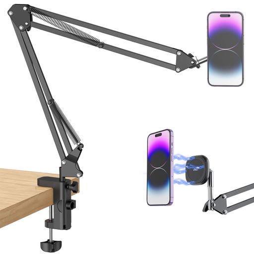VRIGスマホスタンドアームMagSafe対応寝ながらスマホ卓上俯瞰撮影金属製マグネット360°自由調節素早く取付ベッドマグセーフスマホスタンドiPhone/Android対応Magsafeリング付属(2.0)