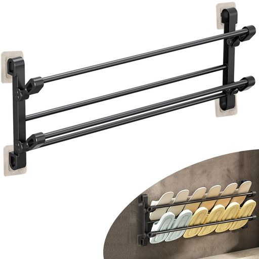 GKSCXEXEスリッパラック壁掛け靴ラック65cm2段靴入れ壁かけ穴不要両面テープ8枚付き引っ掛け粘着式省スペース防水性シューズラック靴収納窄版靴棚金属製大容量安定軽量壁掛けフックドア…