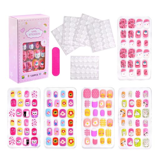 Doyimeネイルチップ子供向けネイル飾り120個子供用ネイルアートショートネイル用品グリッターフェイクネイル女の子の手の装飾偽爪ネイルシールプレスオンかわいいカラフル剥がせる簡単…