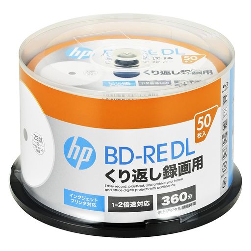 50枚パック 録画時間:地デジ 360分 / BSデジタル260分 盤面印刷:○(ホワイト) / 範囲:23mm-118mm(ワイド) 倍速:1-2倍速 記憶容量:50GB(片面2層) くり返し録画用