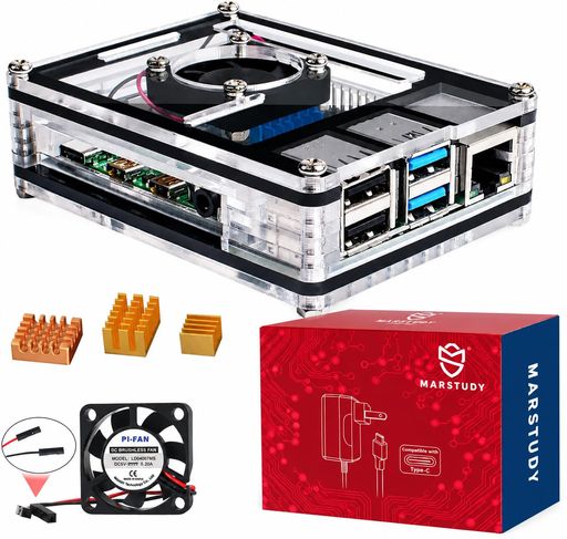 クリアRaspberry Pi 4 Model B用ファン冷却&銅ヒートシンクセット付きケースパック。ラズベリーパイ4用電源18W。