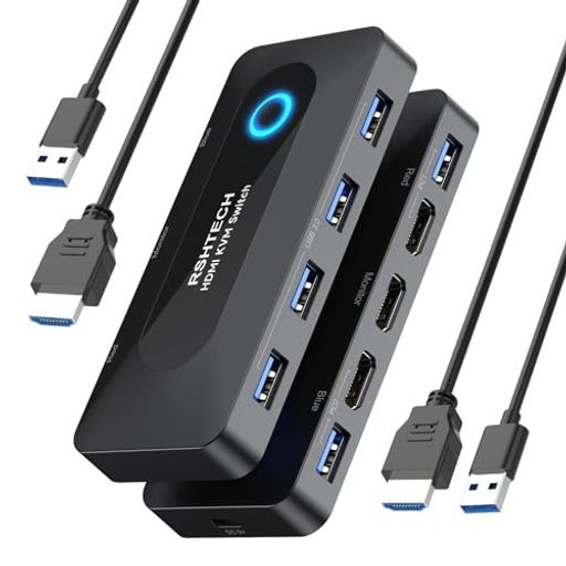KVMスイッチRSHTECHUSB切替器HDMI4K@60Hz、4USB3.0ポートパソコン2台用キーボードマウスプリンターと1台のHDモニターHDMIケーブル2本、USBケーブル2本付属切り替え器(RSH-A301)