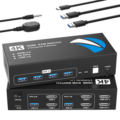 KVMスイッチHDMI2入力2出力4K@60HzKVMHDMI切替器パソコン2台モニター2台切り替え5Gbps4つのUSB3.0ポートキーボード/マウス/プリンター/他のデバイス対応パソコン切替機PC切替機USB切替器