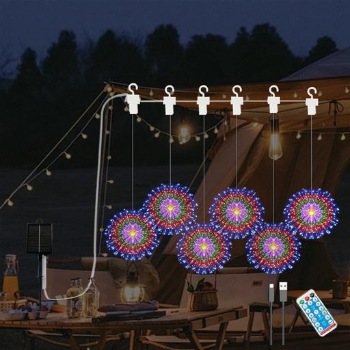 YZYOEリモコン付きLED屋外太陽光カラー花火灯6組、防水ソーラーとUSB給電の庭の雰囲気装飾ライト、8パターンのDIYパスライト。