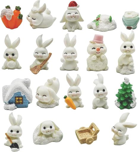 19個動物ミニフィギュア樹脂ミニウサギ彫像ミニ樹脂ウサギスキー飾り物微景観ウサギ彫像かわいい雪景ウ..