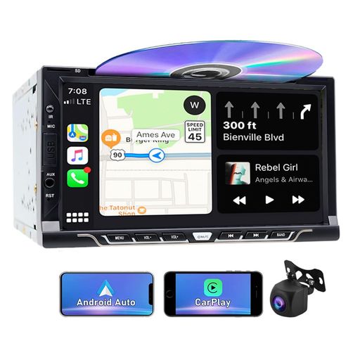 2DinカーステレオCD/DVDプレーヤー、CarPlay/AndroidAuto7インチタッチスクリーン、ミラーリンク、Blue..