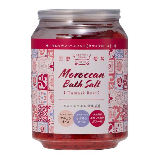 お風呂で楽しむ世界の湯「モロッカン・バスソルト」 保湿成分としてモロッコ由来のオーガニック&amp;天然素材配合の入浴料です モロッコのバラの谷に咲くダマスクローズの香り 湯色/クリアレッド 内容量/250g(約5回分)