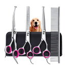 MGOXO トリミング ハサミ 犬用グルーミングはさみキット プロフェッショナルな トリミングシザー 安全な丸い先端部 ステンレス製 すきバサミ/ストレートバサミ/カーブバサミ/長い・短い毛用のくし 初心者向け