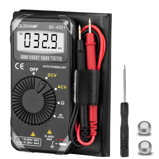 【多機能 Proket マルチメーター】ポケット デジタル オームメーター オートレンジ マルチメーター、DC 電圧計、AC 電圧計、抵抗、低電圧アプリケーションでのユーザー向け導通ブザー ダイオード テスト、回路特性測定用 【仕様】DC 電圧計: 400mmV`450V、AC 電圧計: 4V`450V、抵抗:400Ω`40MΩ、4000 カウント表示、サイズ:54(W)*108(H)*12(D)mm 【考え抜かれたデザイン】当社のポケット マルチメーターは、コンパクトで軽量になるように特別に設計されており、必要なときにいつでも外出先で便利に使用できるように携帯性を確保しています。さらに、マルチメーターを保護するために高品質のレザー ケースが装備されています 【自動電源オフ】電源オンの状態で、機能セレクター スイッチが回転しないか、約 15 分間ボタンが押されない場合、機器は自動的に電源がオフになります。ただし、機能セレクタースイッチを回すか、任意のボタンを押すと、機器が再起動します 【アフターサービス】GOLDCHAMPは365日間の技術サービスを提供しています。