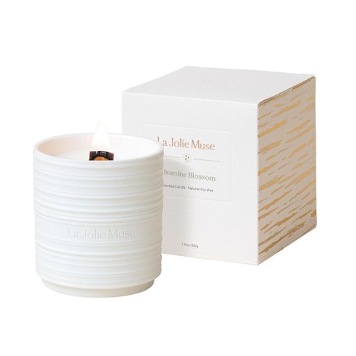 LA JOLIE MUSE アロマキャンドル ジャスミンの香り 木芯 天然ソイワックス 陶器缶 220G 燃焼時間50時間 女性向け ギフト