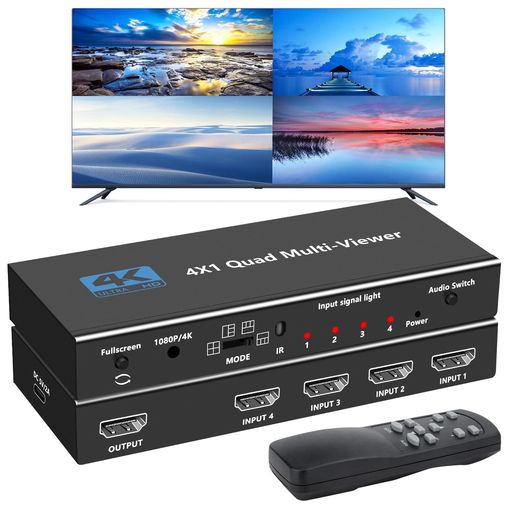 【HDMI4x1クアッドマルチビューアー】このHDMI4x1画面分割切替器は、4系統のHD画面分割とシームレスな分割出力を備えた高性能切替器です。切替器の制御方法は柔軟で、ボタンとIR制御で切り替えることができます。取り付けが簡単な非常に実用的で安定した切替器です。パソコン、HDDレコーダーなどに適しています。主要なプロジェクト、会議場、その他の場所で使用できます。 【4K UHD高解像度】最大1080P/60Hzおよび4K/30HzのHDMI出力解像度、最大4K60Hz(YUV)の最高解像度をサポートし、製品初使用時のマルチ画面モードの平均画面は4画面です。信号が入力されていない場合、画面にレインボーバー が表示されます。(▲ご注意:YUVの4:2:0形式で4K@60Hzのみをサポートします。RGB形式は4K@30Hz(3840x2160@30Hz)のみをサポートします。) 【5つの表示モードとIRリモコン付き】IRリモコンでパネルボタンやIRリモコンで入力信号を切り替えることができます。