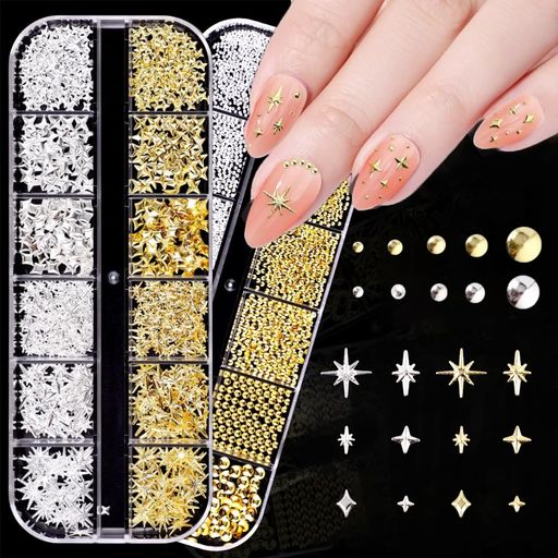 ネイルパーツスタッズ星3D立体スター四角星半球ラウンドドーム2ケースセットメタルスタッズシルバーゴールド合金ハンドメイドDIY手芸素材
