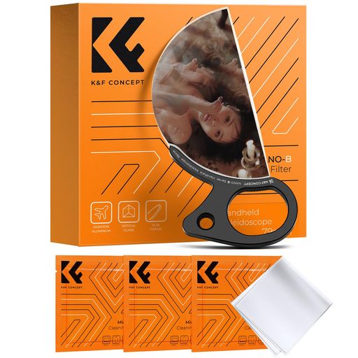 【ユニークな効果】K&amp;F CONCEPTの手持ち式半円万華鏡フィルターは特殊な光学設計を使用しユニークな視覚効果を作り出し、光が屈折し、色や形の歪み、反射などを生み出しクリエイティブな演出を実現できます。被写体がたくさんいるかのような写真を撮ることができます。外装の新旧が混在しますが、中身は同一です。 【手持ち式】プリズムフィルターは、撮影中のリアルタイム調整や特殊効果の作成に適し、手持ち撮影や被写体数変更が必要なシーンに適しています。 【K9光学ガラス】高光透過率と優れた色再現機能を備えたK9光学ガラスを採用し、写真の鮮明さと画質を保証します。 【角度調節】79mmのガラスサイズはレンズの前で手で動かすことができ、フィルターの位置や角度を調整することでさまざまな効果を生み出すことができます。 【3枚入り真空包装クロス付属】付属クリーニングクロスはマイクロファイバーを採用し、レンズやレンズフィルターなどの光学機器のコーティングに損傷を与えません。しつこい油膜や皮脂の汚れもスッキリ除去可能です。