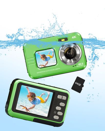 LECRAN 4K 防水 デジカメ IP68 4800万画素 デジタルカメラ オートフォーカス 3CMマクロ写真 完全防水カメラ 水中デジカメ 水中用 3Mまで 緑+64Gカード付属